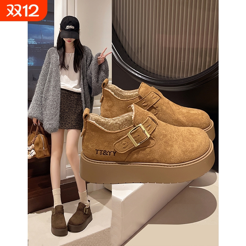 厚底加绒勃肯鞋女保暖雪地靴2025新款冬季一脚蹬乐福鞋低帮棉鞋子