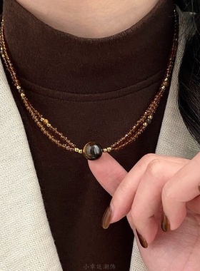 咖色串珠美拉德串珠虎眼石项链女双链条设计感精致毛衣链秋冬项饰