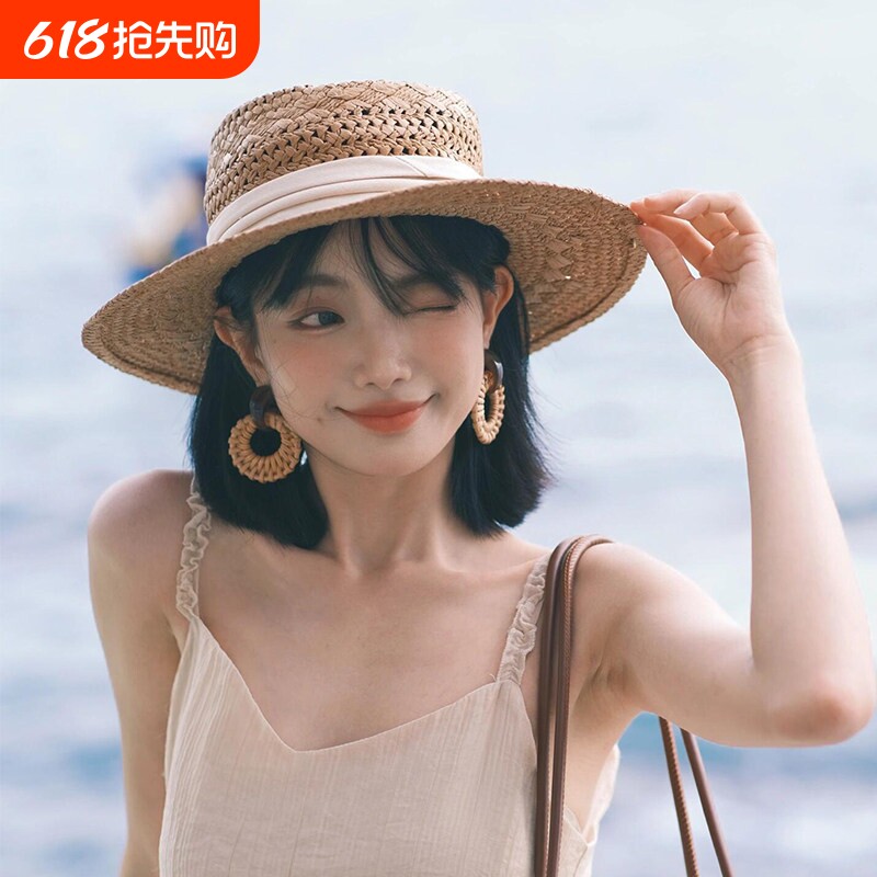 法式复古老钱风镂空平顶草帽女夏季海边度假风遮阳帽礼帽防晒帽子