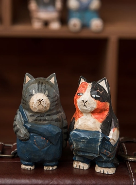 木雕创意猫咪摆件办公室桌面礼物家居治愈招财猫小摆件