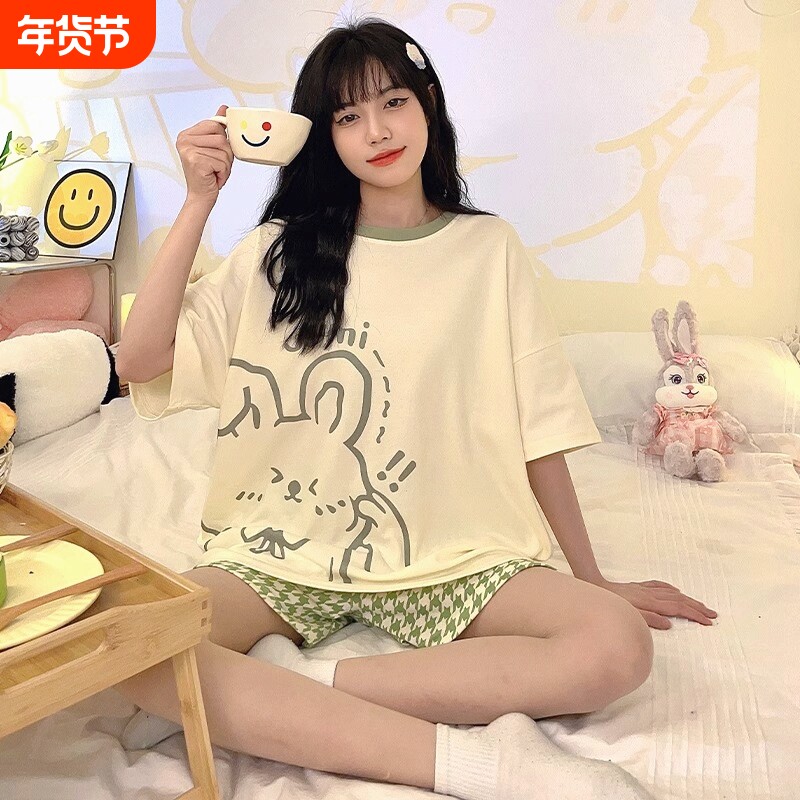 睡衣女款2024可外穿夏季新款短袖短裤可爱大码夏天薄家居服两件套