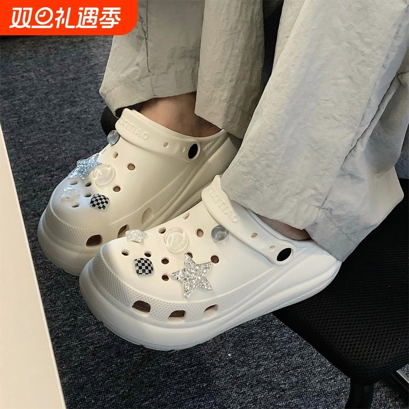 细细条 韩系ins格子星星增高足弓洞洞鞋女厚底外穿防滑度假凉拖鞋