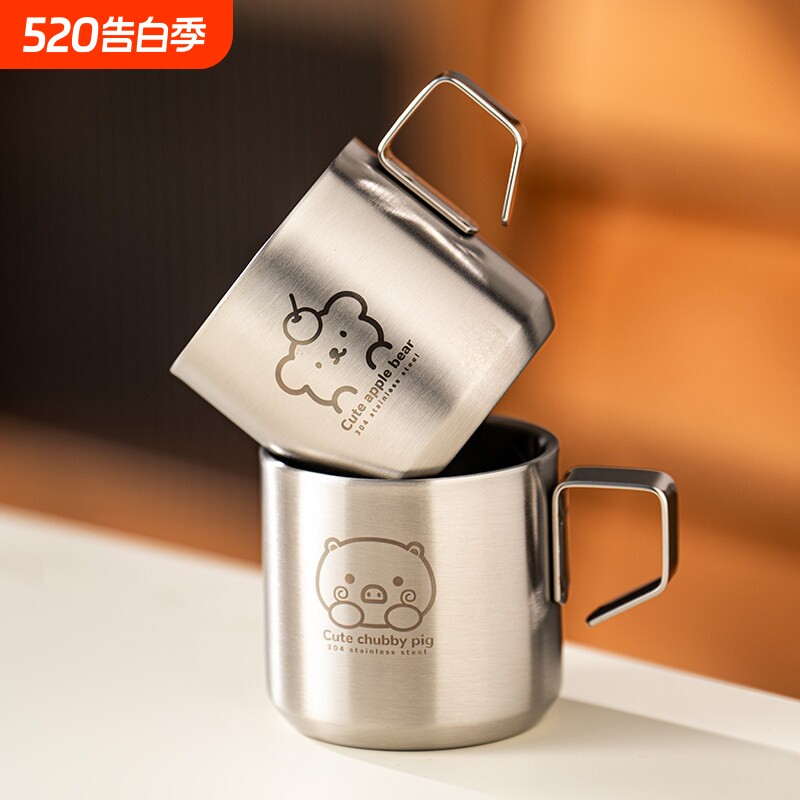 儿童水杯带手柄牛奶杯304不锈钢宝宝双层隔热喝水小杯子