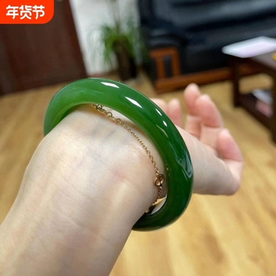 年轻款菠菜绿和田玉手镯女款胖圆条新疆仿玉镯冰种碧绿玉髓镯子