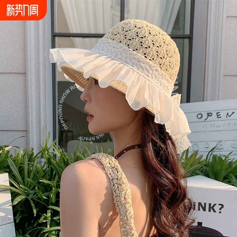 超仙网纱边沙滩度假大帽檐草帽透气纸草编新款太阳帽防晒遮阳帽