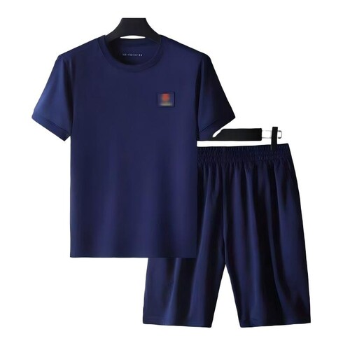 蓝色体能训练服套装夏季运动上衣体能服短袖拉链体能短裤男