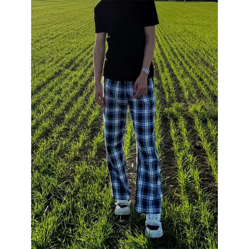 美式复古蓝色格子条纹裤子男款夏季薄款休闲裤cleanfit直筒运动裤图片