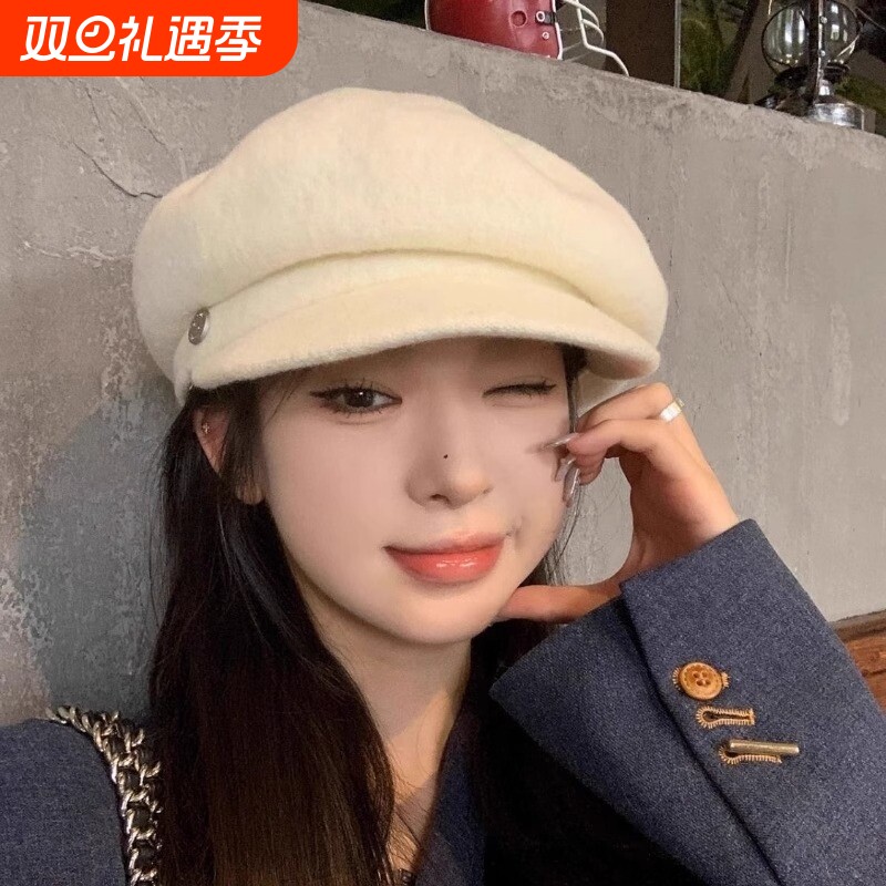 2024年新款日系羊毛贝雷帽子女复古显脸小八角画家帽白色黑色灰色