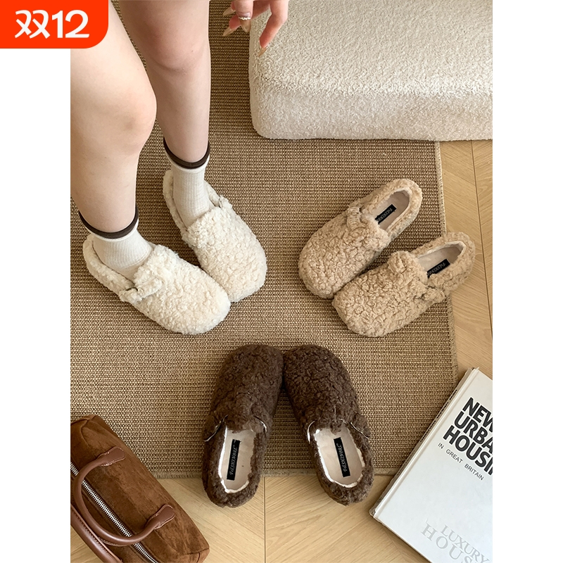 ~厚底羊羔毛女冬外穿保暖棉鞋加绒勃肯鞋一脚蹬豆豆鞋内增高白色