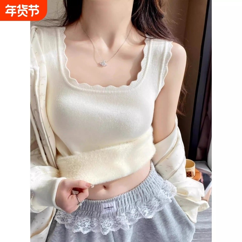 秋冬季加绒打底背心女2025新款内搭花边针织白色吊带加厚保暖上衣