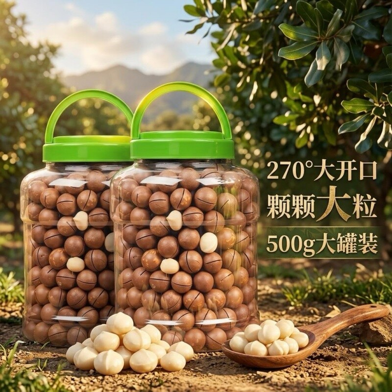 囤夏威夷果带壳新货500g大颗奶油味送开口器干果坚果罐装果仁