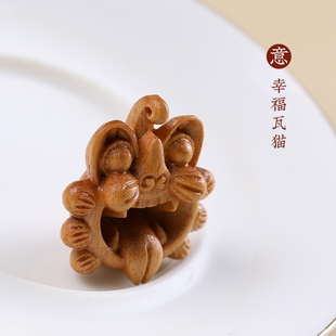 檀香木雕刻卡通趣味瓦猫配饰项链配件DIY沉香木文玩吊坠