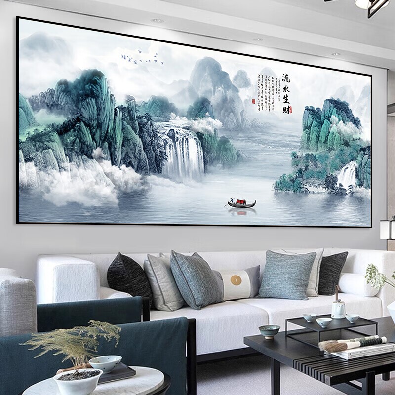 山水画贴画客厅装饰画靠山办公室背景墙贴纸自粘风景挂画壁画墙面图片