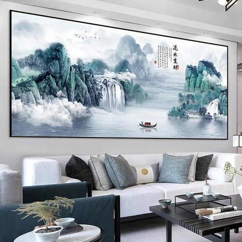 山水画贴画客厅装饰画靠山办公室背景墙贴纸自粘风景挂画壁画墙面