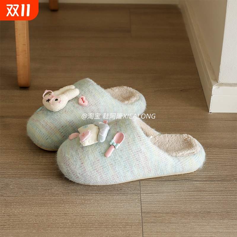 卡通可爱包头拖鞋女外穿2025冬季新款厚底软萌懒人一脚蹬毛毛棉拖