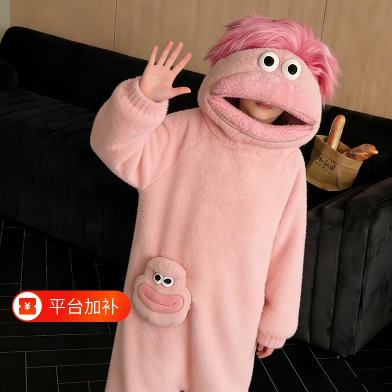 冬季大嘴怪睡衣丑鱼怪兽连体睡袍情侣家居服可外穿可爱卡通珊瑚绒