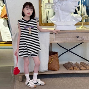 短裤 女童夏季 中大童潮流女孩宽松上衣夏装 新款 两件套 条纹背心套装
