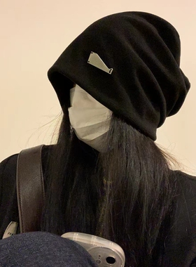 韩系高级感黑色堆堆帽女秋冬冷帽头套月子帽大头围显脸小针织帽子