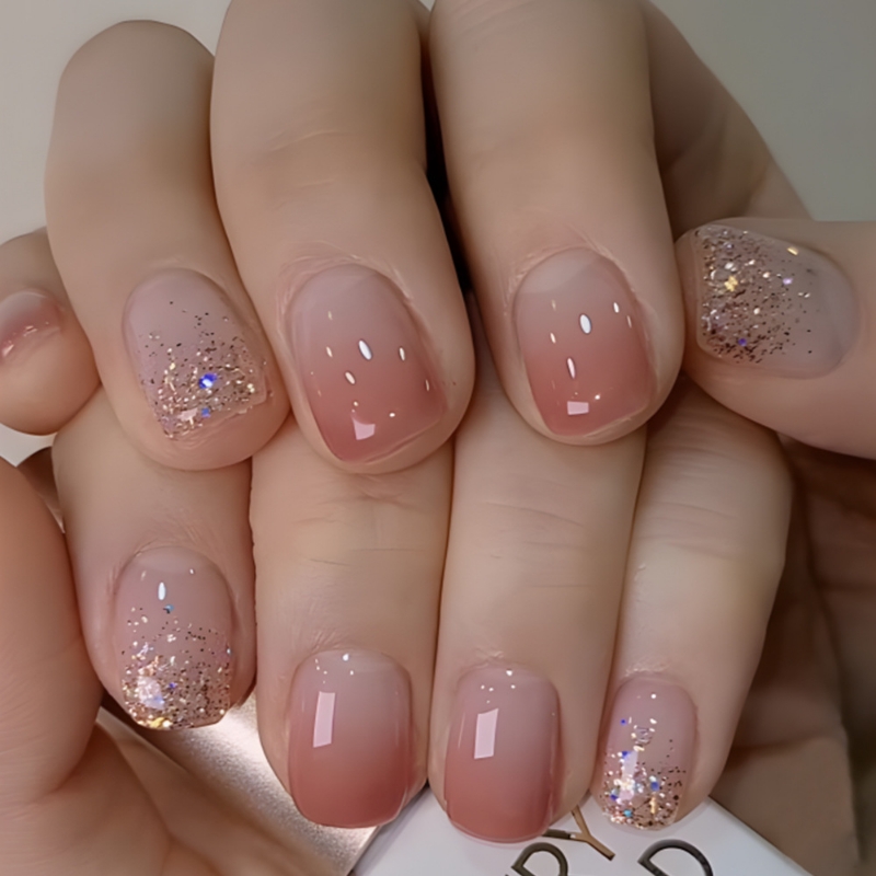 外贸热销短款穿戴甲片 纯欲冰透闪粉假指甲贴片 press  nails