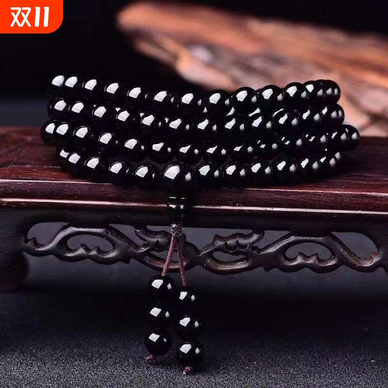 黑曜石108颗佛珠手串男款金曜石冰种乌金黑曜石手链情侣手串
