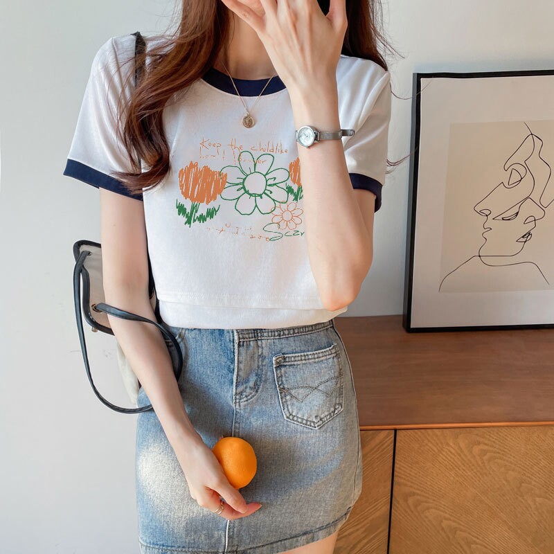 潮妈外出哺乳衣短袖纯棉撞色t恤产后月子期百搭显瘦喂奶打底上衣