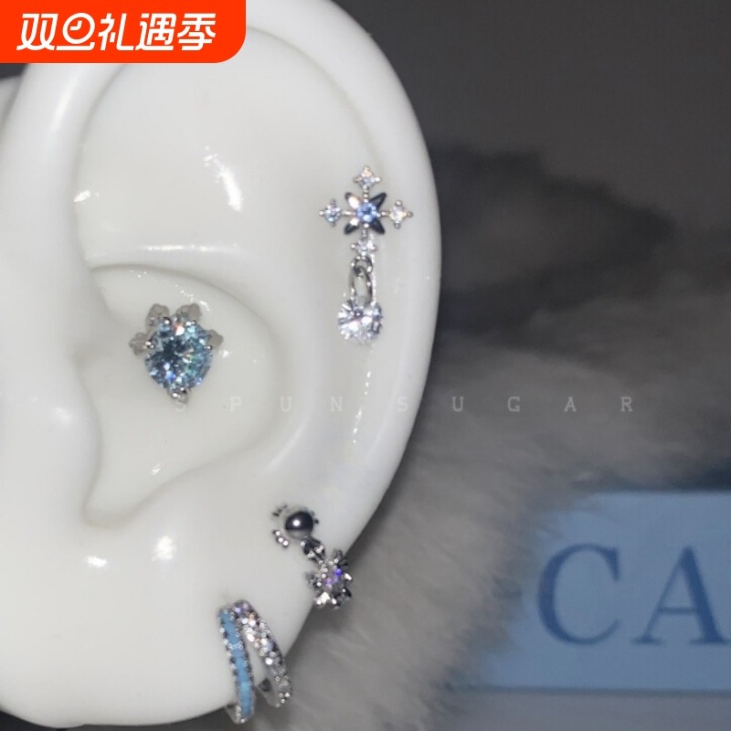 爆闪蓝色雪花耳骨钉医用钛钢睡觉免摘平底蝴蝶结耳蜗钉耳圈女