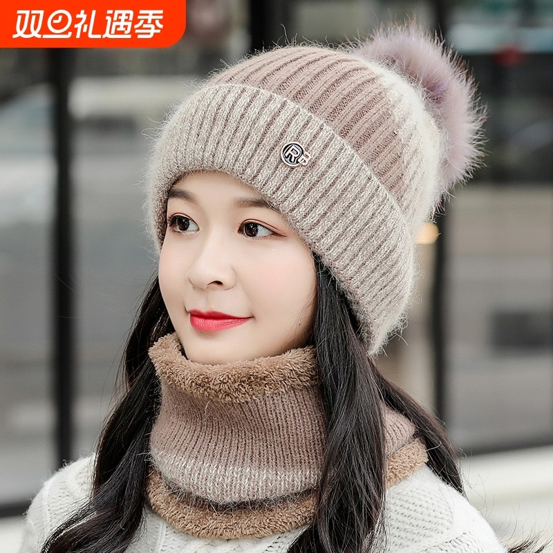 帽子女士冬天加绒骑车防寒秋冬季毛线月子帽保暖围脖护耳针织白色