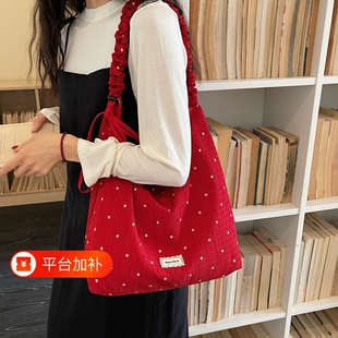艾程红色波点帆布包女款休闲单肩斜挎包韩系慵懒风通勤百搭托特包