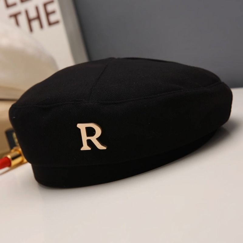 黑色新款贝雷帽女春秋款2023显脸小八角蓓蕾帽子春天平顶手工帽檐