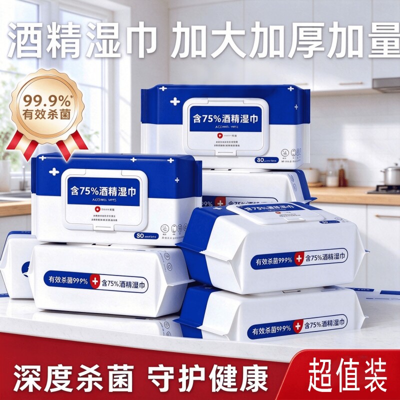 家用酒精湿巾含75度带盖酒精湿巾消毒除菌清洁抑菌清洁抽取式湿巾
