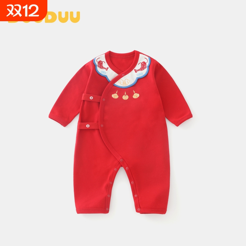 DUUDUU新生儿连体衣宝宝满月服大红色婴儿纯棉拜年哈衣绑带和尚服
