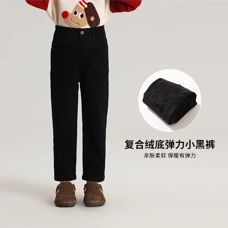 童装女童烟管裤春秋冬新款儿童绒裤子中大童加绒加厚牛仔裤潮黑色