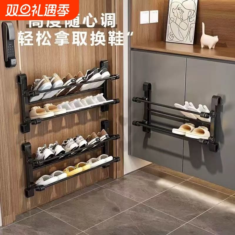 可折叠门后鞋架壁挂式拖鞋打孔卫生间多层收纳神器宿舍省空间鞋子