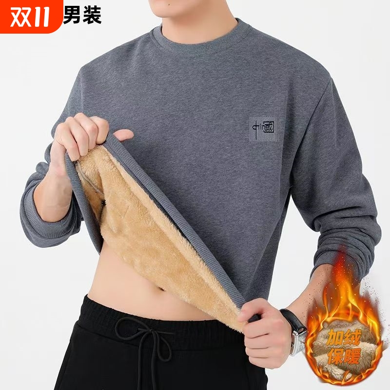 中老年加绒加厚羊羔绒卫衣男2025新款大码宽松圆领自发热保暖外套