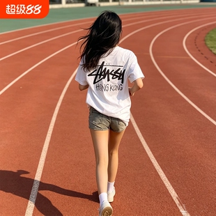 潮牌斯图西STU短袖t恤夏季重磅布纯棉260g丝网印花体恤衫白色水银