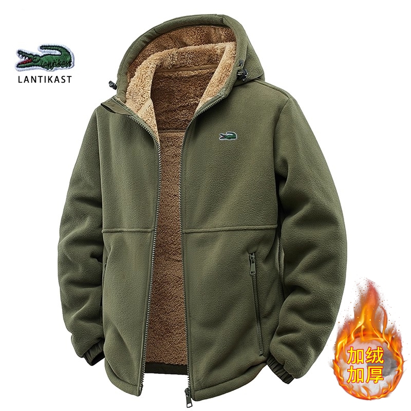 贵族鳄鱼抓绒衣外套男款秋冬季棉衣开衫加绒加厚羊羔绒连帽夹克衫