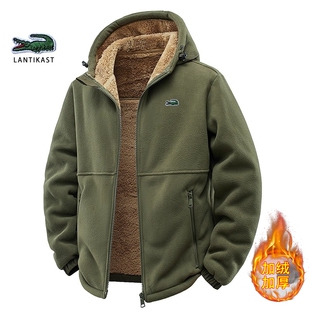 贵族鳄鱼抓绒衣外套男款秋冬季棉衣开衫加绒加厚羊羔绒连帽夹克衫