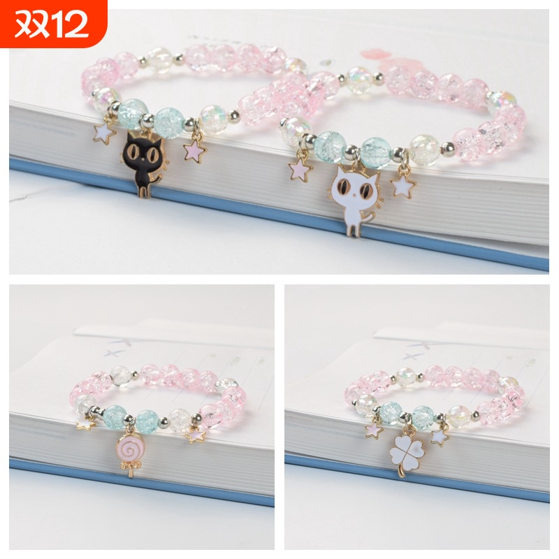 简约百搭爆花晶招桃花手链气质甜美个性猫咪五角星弹力手串女爆珠