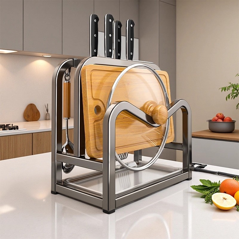 2025新款不锈钢厨房刀架置物架菜板砧板锅盖一体收纳放置架刀具
