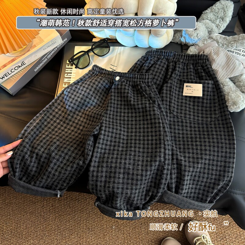 春季新款男童宝宝洋气宽松格子休闲裤女童工装裤灯笼裤J164韩范图片
