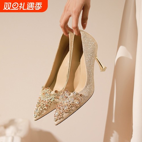 小众高级感水钻婚鞋女法式细闪亮片高跟鞋18岁成人礼绝美水晶单鞋