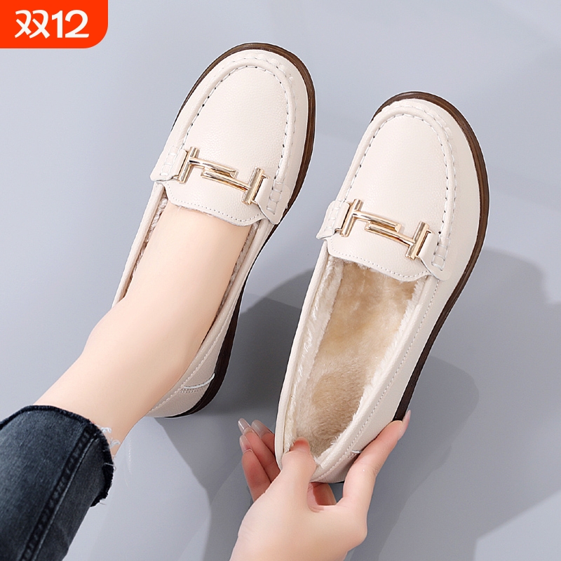 啄木鸟真皮妈妈鞋冬季新款加绒棉鞋软底防滑中老年女鞋一脚蹬乐福