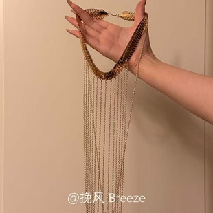 「炽焰缚光」欧美金色长款流苏项链氛围感身体链度假风夸张锁骨链