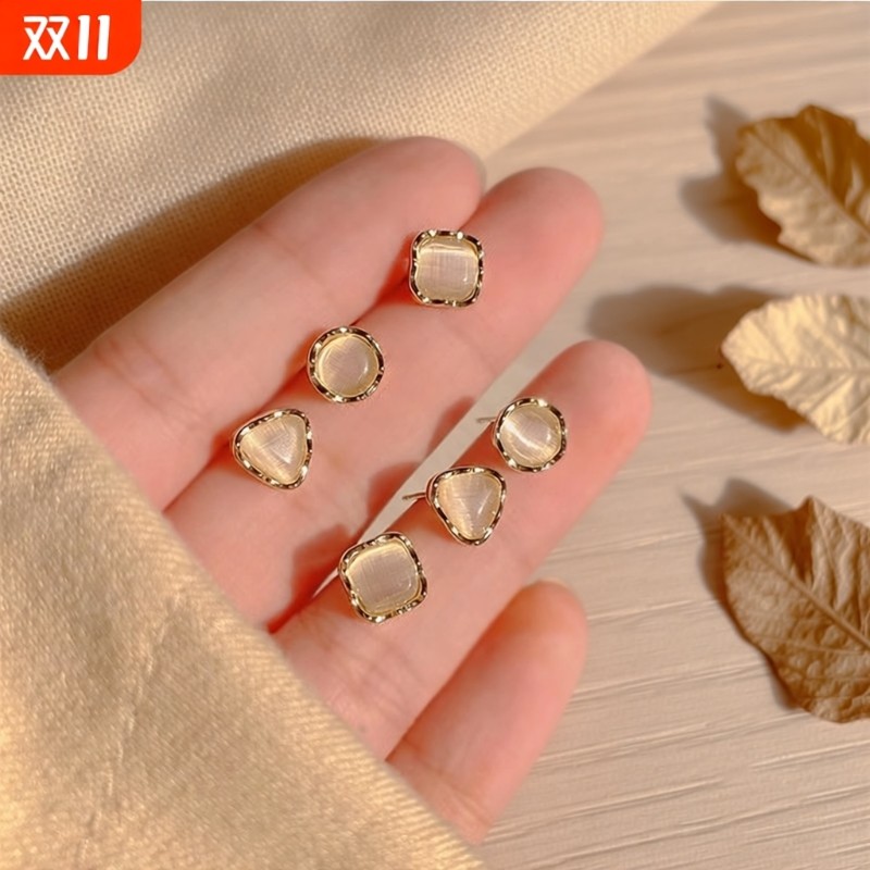 六件套猫眼石耳钉女春夏复古小众设计感耳饰精致小巧耳环宝石纯银