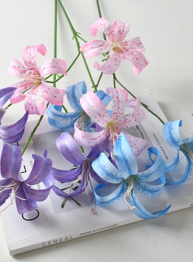 仿真花 3头金百合餐桌装饰花艺摆件婚礼花排摄影道具人造假花