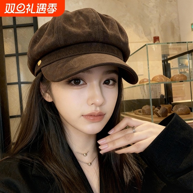 新款麂皮绒贝雷帽女秋冬大头围鸭舌八角帽子显脸小百搭报童帽