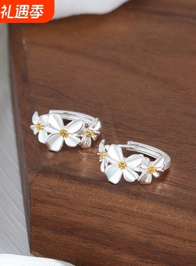 s925纯银立体拉丝栀子花耳环耳扣古风古典花朵耳钉高亮素银文艺款