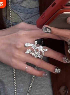 韩系亮面银繁花戒指高级感个性夸张食指戒指环女秋冬款