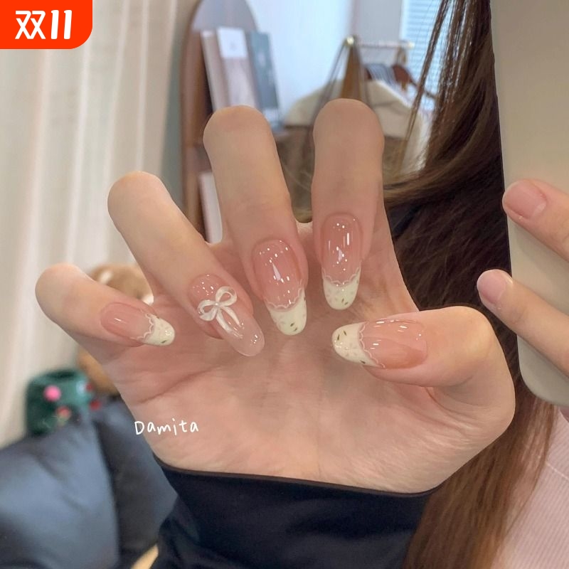 奶油碎花穿戴甲法式贴片温柔显白ins蝴蝶结可拆卸手工甲学生美甲