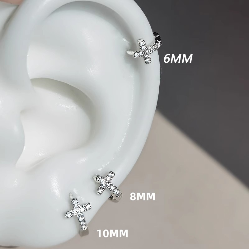 超闪十字架小耳骨钉女925纯银针养耳洞睡觉免摘满钻耳环耳圈耳扣